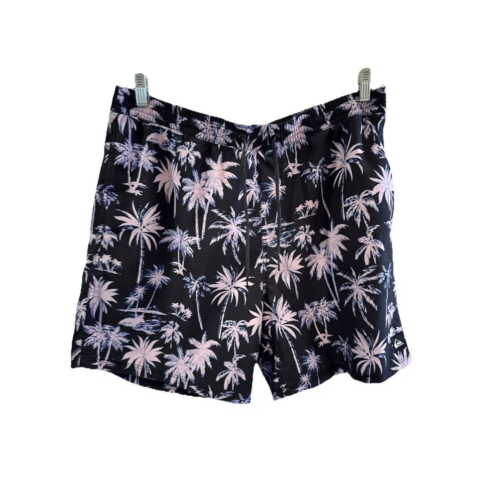 Quicksilver Swimsuit Men’s XXL Black With Lavender Palms Elastic Waist Pockets